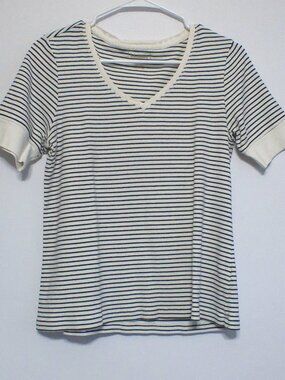 L.L.Bean Striped V Neck Top Women’s Med Navy White Short Sleeve Cotton Classic